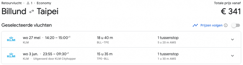 Voorbeeld Google Flights -> Billund naar Taipei en terug voor €341